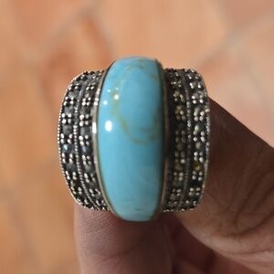 This is a .925 sterling silver ring with turquoise and marcasite. Size 8
